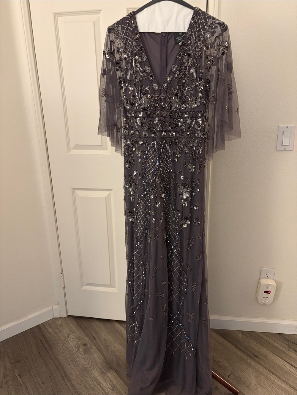 Adrianna Papell Gray Beaded V-Neck Evening Gown